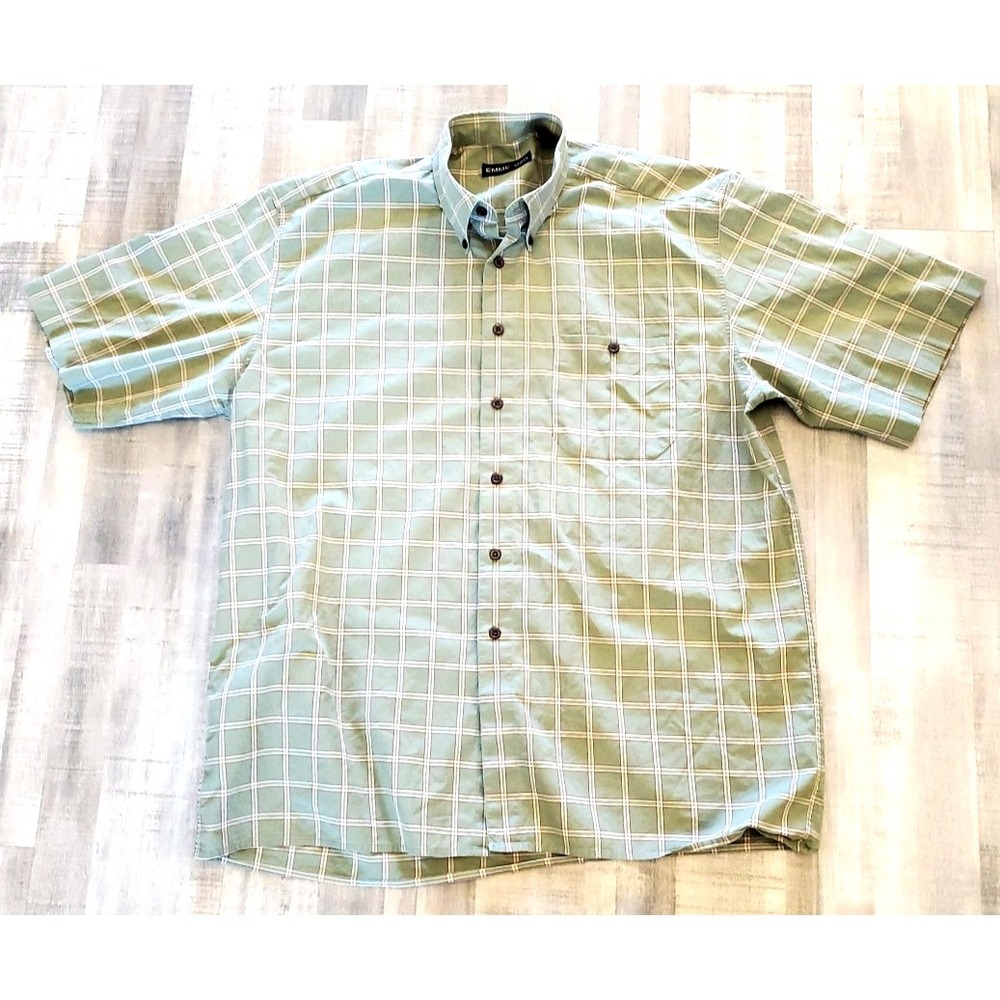 Emme Uno Mens Large Shirt Short Sleeve Made in Italy 100% Cotton Green Checkerd